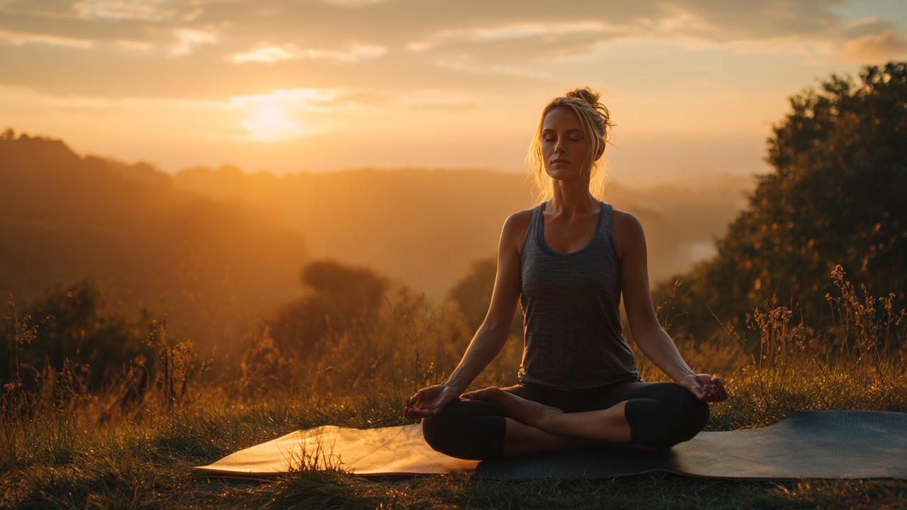 Woman meditating outdoors at sunrise, sitting cross-legged on yoga mat, surrounded by nature, symbolizing calmness and stress relief.