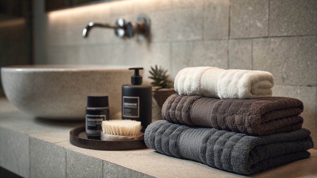 Modern bathroom with natural hammam products, soft towels, and ambient lighting, blending traditional Turkish bath rituals with contemporary self-care.