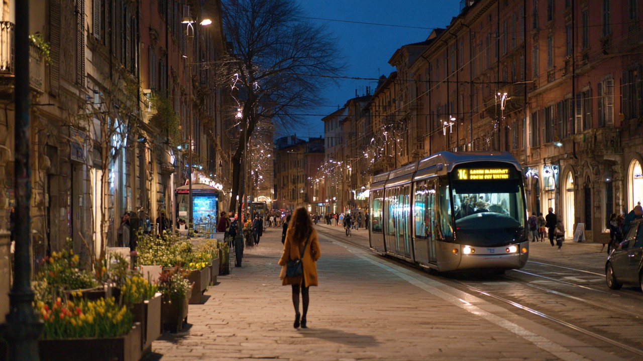 Peaceful European city street scene with women walking confidently, well-lit sidewalks, and modern public transport, emphasizing safety and security for solo female travelers.