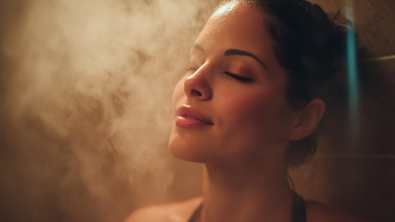 Person relaxing in a modern bathroom with warm steam, glowing skin, and a peaceful expression, highlighting the soothing effects of steam on skin.
