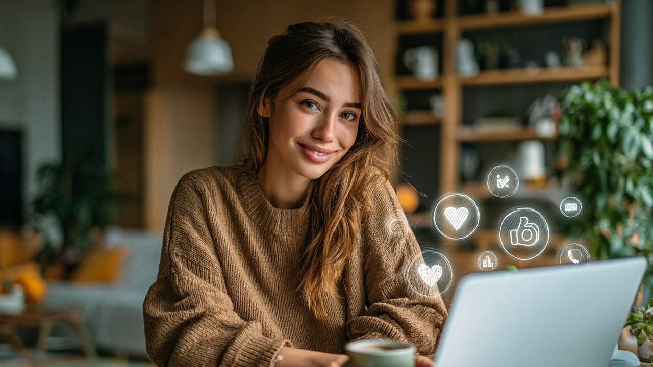 Confident young Turkish woman influencer working on laptop in a cozy home office with social media icons, symbolizing digital content creation.