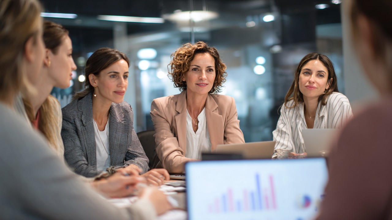 Professional female entrepreneurs and investors discussing investment opportunities in a modern conference room with business charts and laptops.