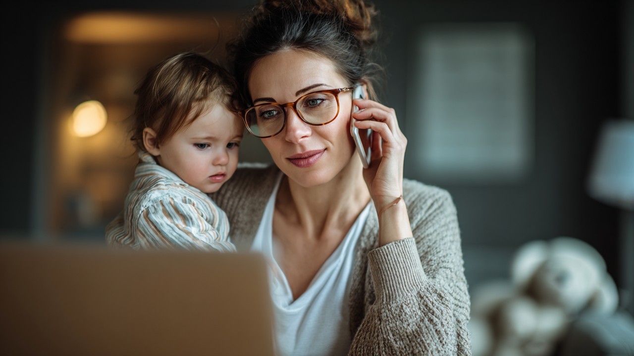 Turkish woman multitasking during a video conference on her laptop while caring for a young child at home, balancing work and family life.