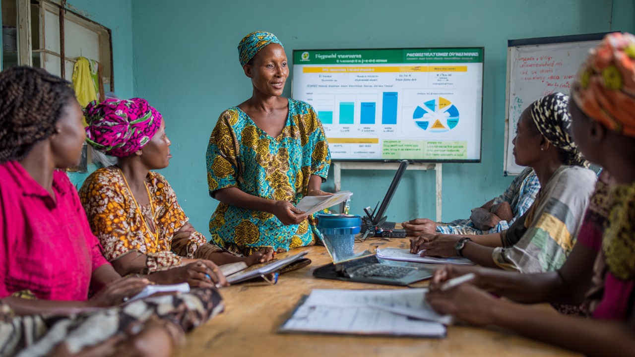 Women entrepreneurs in a workshop learning about microcredit and investment options from a mentor in a bright, supportive setting.