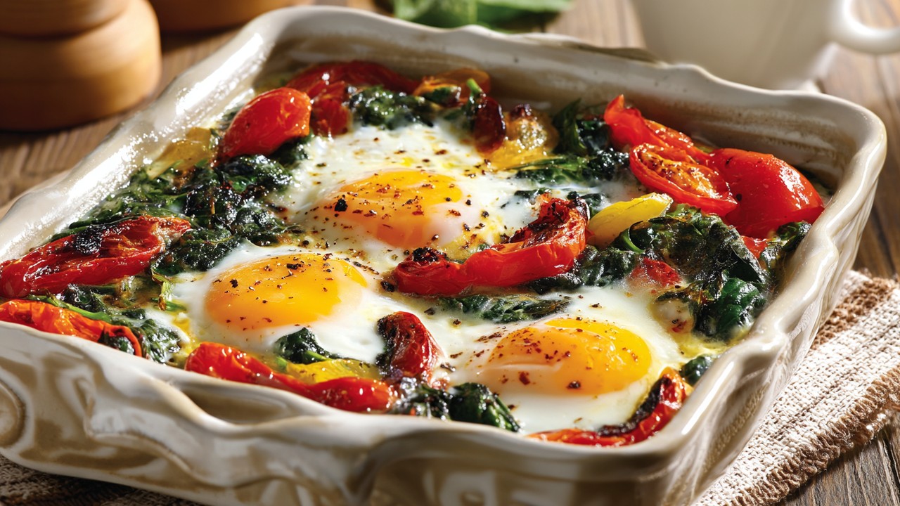 Realistic baked vegetable and egg dish in a ceramic baking dish, featuring tomatoes, peppers, spinach, and perfectly cooked eggs in a cozy kitchen setting.