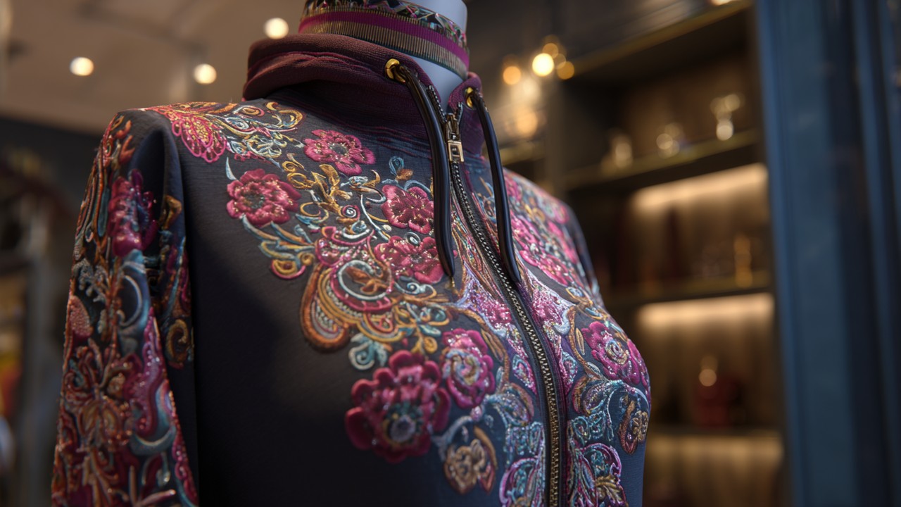 Realistic photo of a modern modest fashion outfit with traditional Ottoman and Anatolian embroidered motifs on contemporary fabric displayed on a mannequin in a stylish boutique.