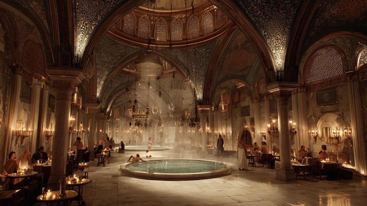 Interior of a traditional Turkish hammam with Ottoman architecture, marble surfaces, warm lighting, and people relaxing.