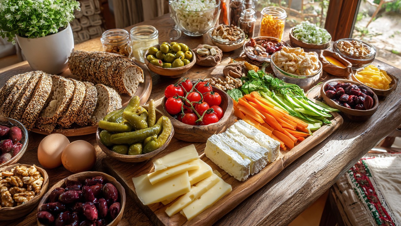 Bright Turkish breakfast table with fresh vegetables, whole grain bread, eggs, cheese, olives, and nuts in natural light.