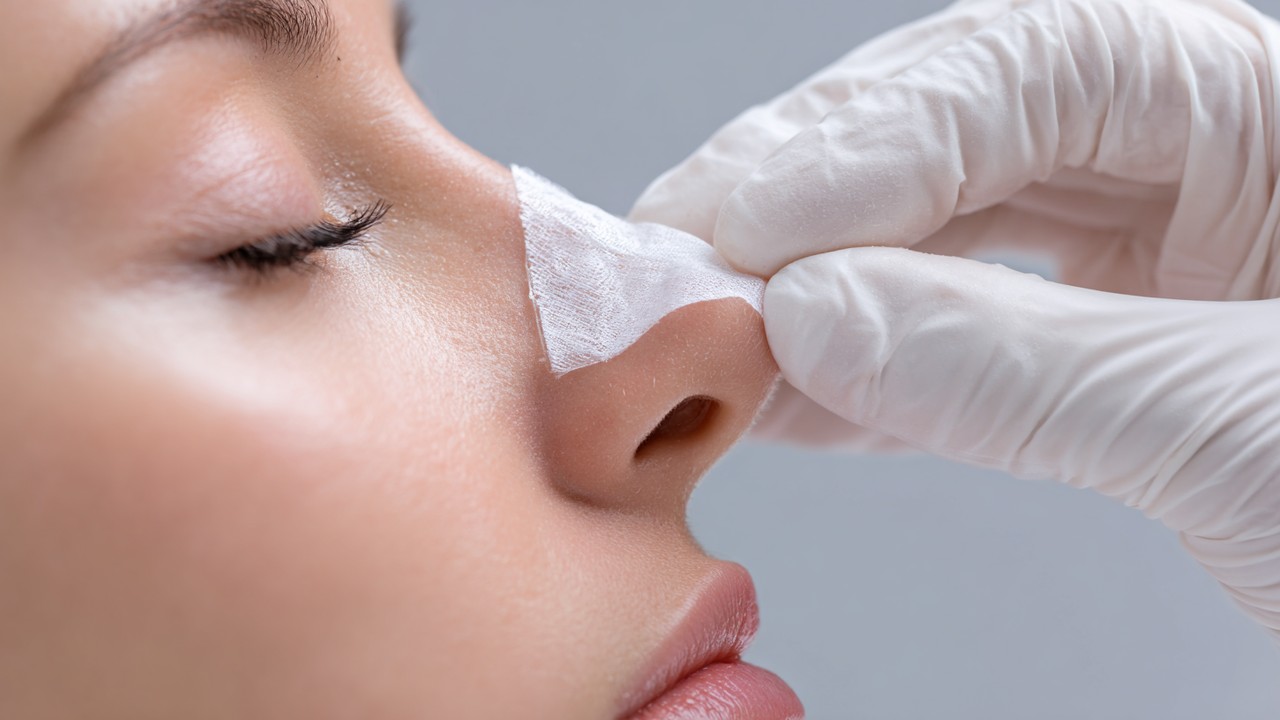 Close-up of a medical professional carefully removing a nasal splint from a patient, illustrating delicate post-operative care.