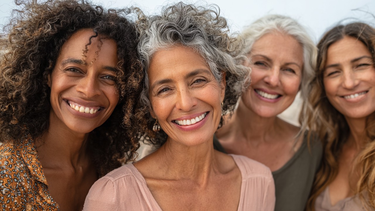 Diverse group of healthy, vibrant women of various ages outdoors in soft daylight, symbolizing balanced hormonal health and wellness.