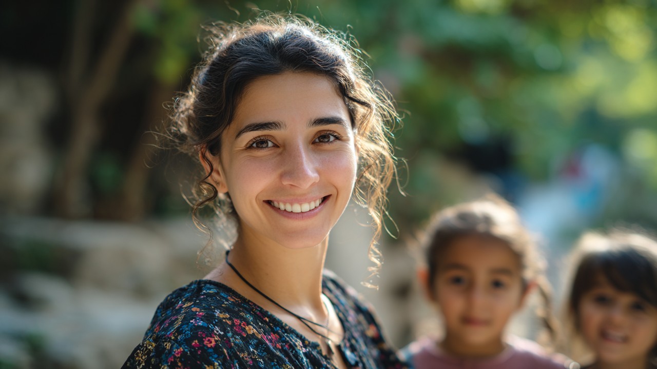 Confident Turkish mother smiling and spending quality outdoor time with her children in a bright, natural park setting, reflecting happiness and personal growth.