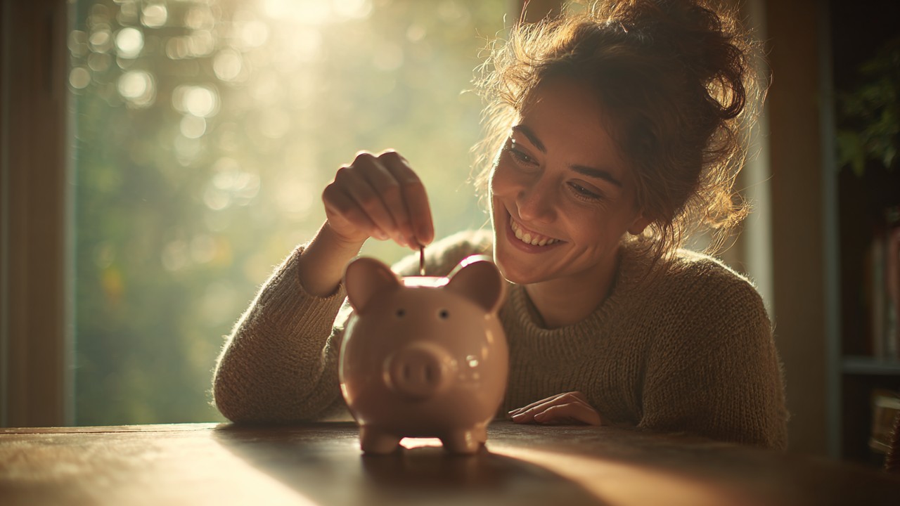 Smiling Turkish woman saving money by placing coins into a piggy bank on a wooden table, symbolizing financial security and disciplined savings.