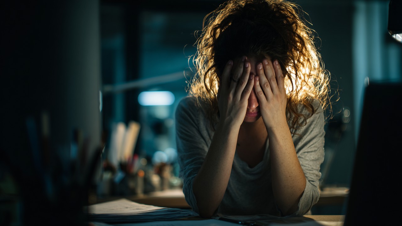Stressed woman sitting at desk with head in hands, surrounded by work materials in dim room, showing emotional toll of stress.