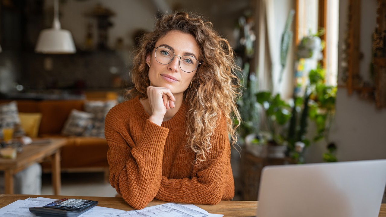 Confident Turkish woman planning her budget at a wooden desk with financial documents, calculator, and laptop in a cozy home office.