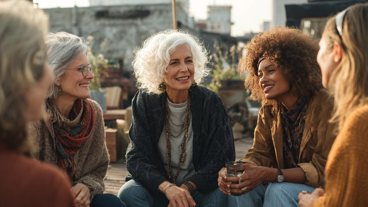 Diverse group of strong, independent women of various ages engaging in meaningful conversation outdoors, symbolizing empowerment and social change.