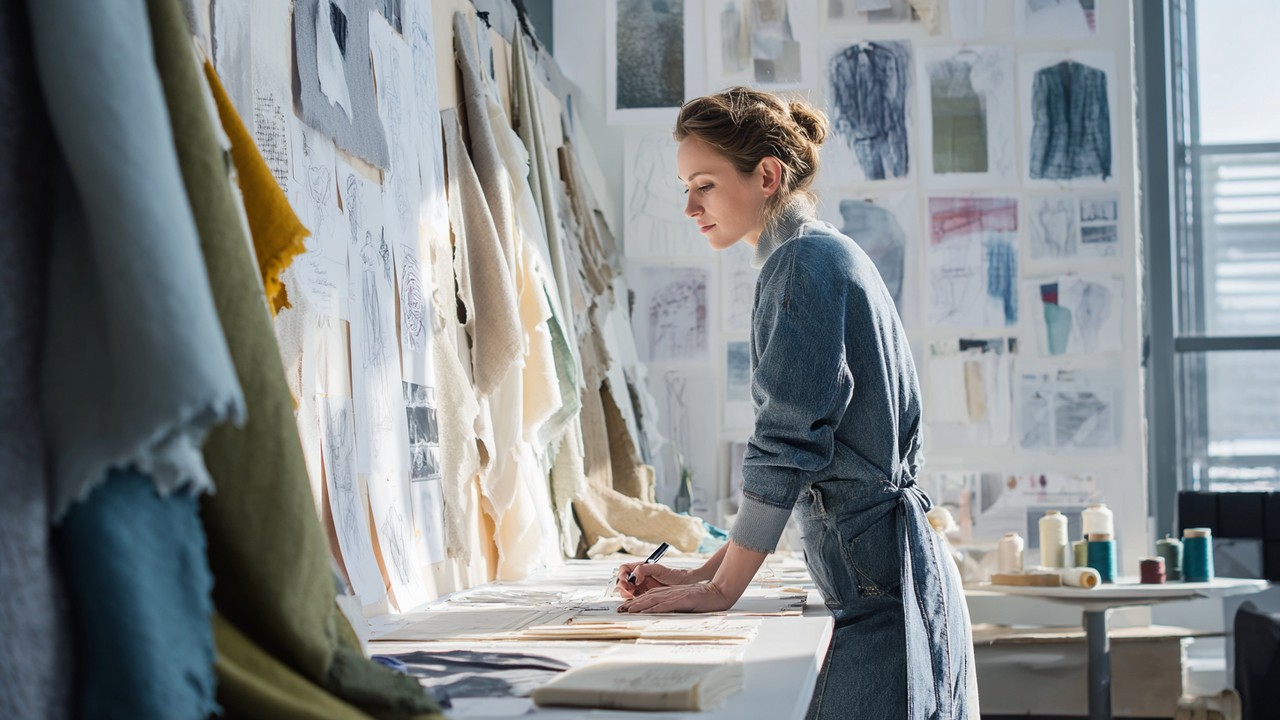 Female fashion designer selecting eco-friendly fabrics in a bright studio with sustainable textile samples and sketches, highlighting ethical fashion.