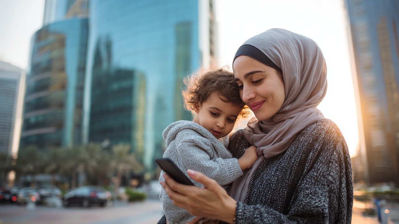 Modern Turkish mother with her child using a smartphone in an urban cityscape, symbolizing tradition, modernity, and digital parenting.