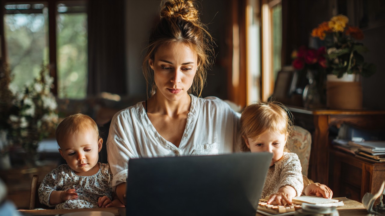 Turkish woman multitasking at home, working on laptop while caring for children in a cozy, well-lit living room.