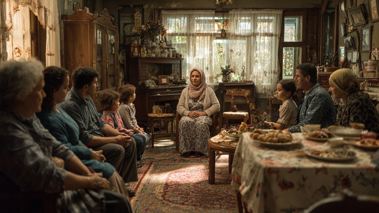 Warm family scene in a traditional Turkish home with multiple generations, highlighting the central role of women in family life.