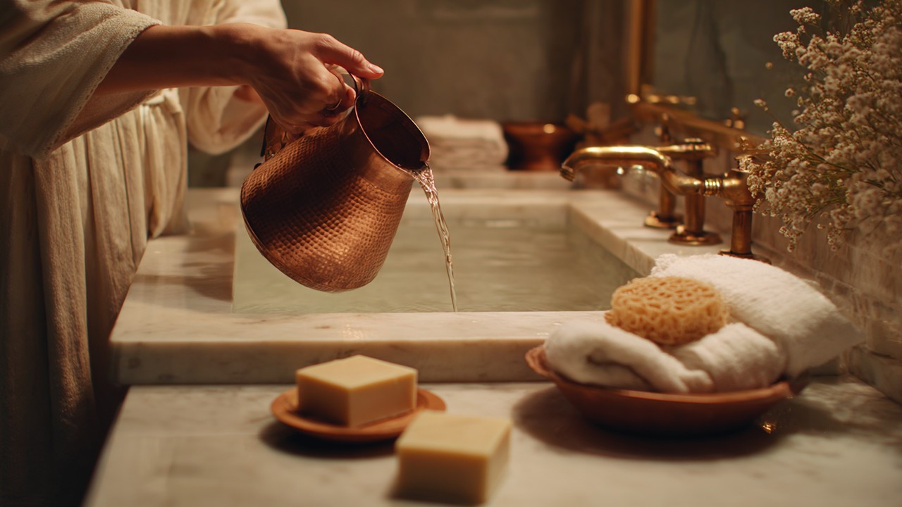 Serene Turkish bath scene with marble basin, natural sponges, soap, towels, and a person pouring water from a copper pitcher, emphasizing relaxation and cleanliness.