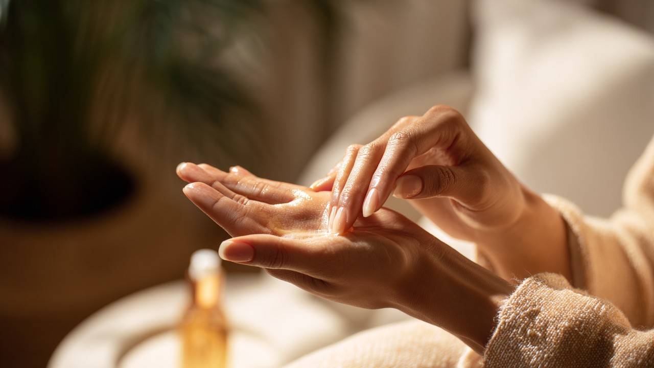 Hands applying natural oils to skin in a warm home spa, promoting skin hydration and gentle skincare routine.