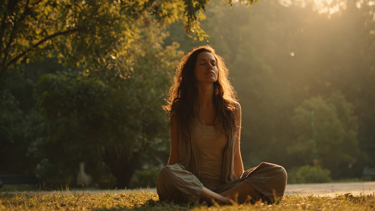 Turkish woman practicing deep breathing exercises outdoors in a peaceful park during early morning, sitting cross-legged on grass with sunlight filtering through trees.