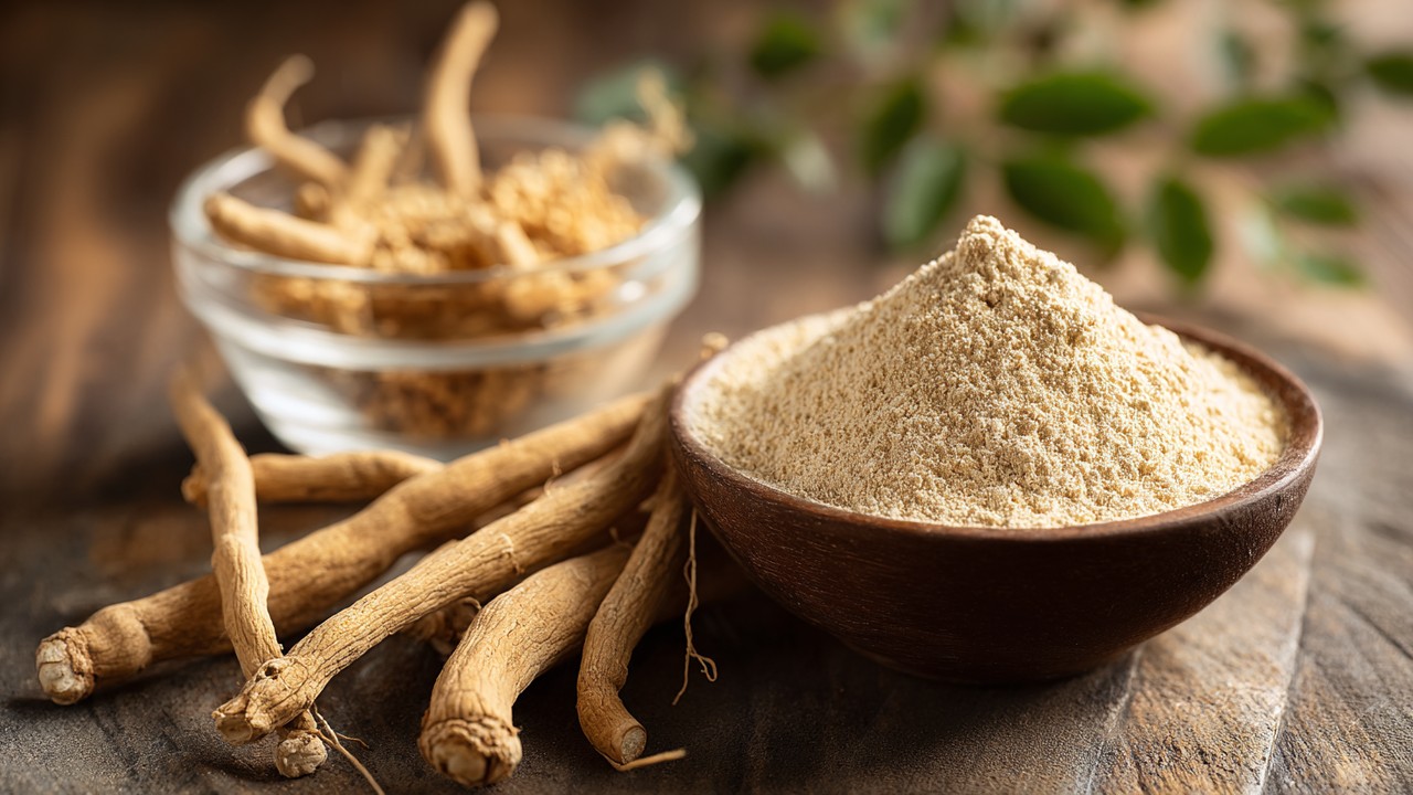 Ashwagandha roots and powder with maca root and ginseng herbs on wooden table, natural stress-relief and hormonal balance remedies.