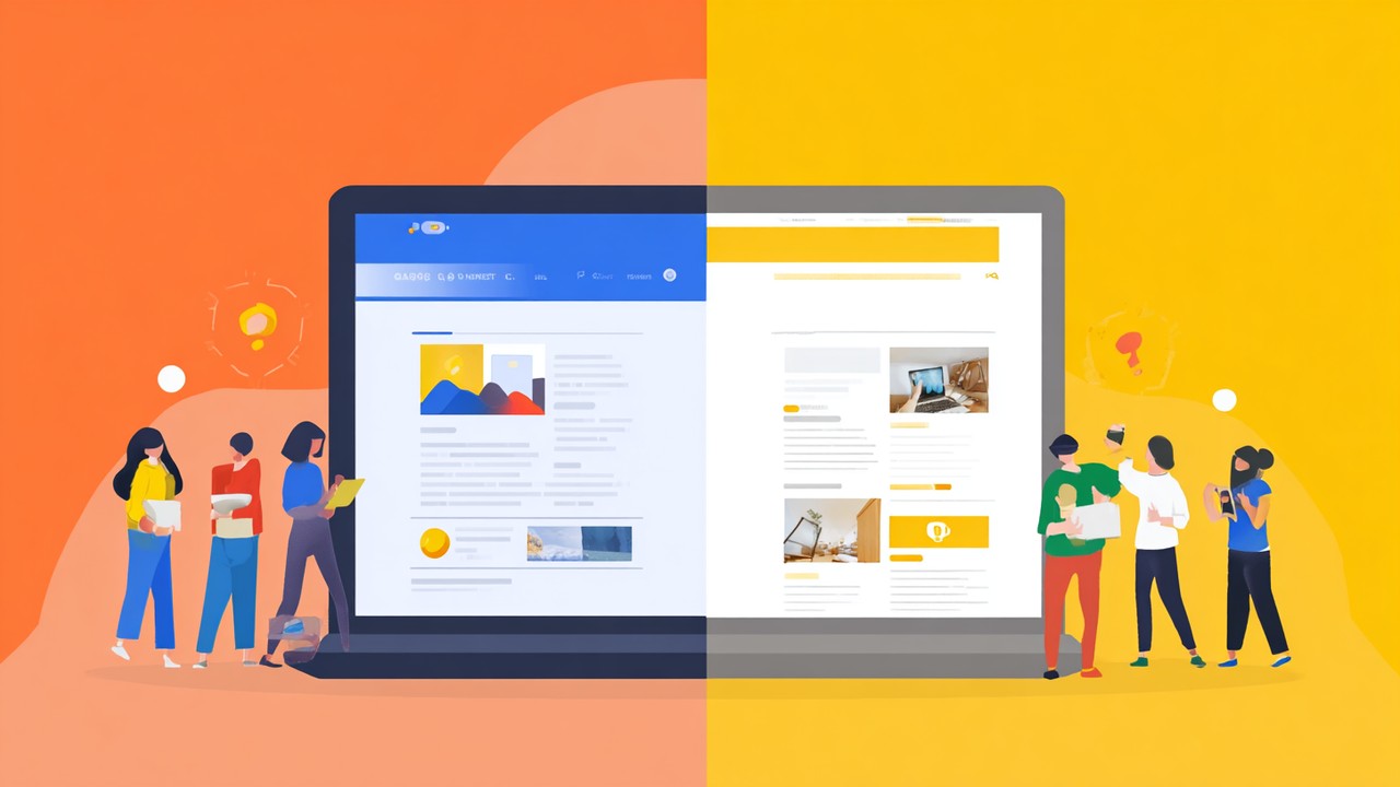 Split-screen showing fast-loading blog page with happy users vs slow-loading page with frustrated users browsing content.