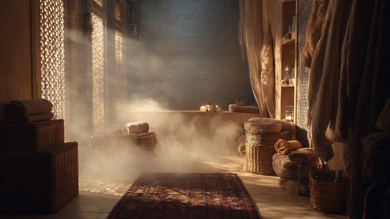 Steamy, warm bathroom interior resembling a Turkish hammam with soft light, towels, and bath accessories in a cozy, humid atmosphere.