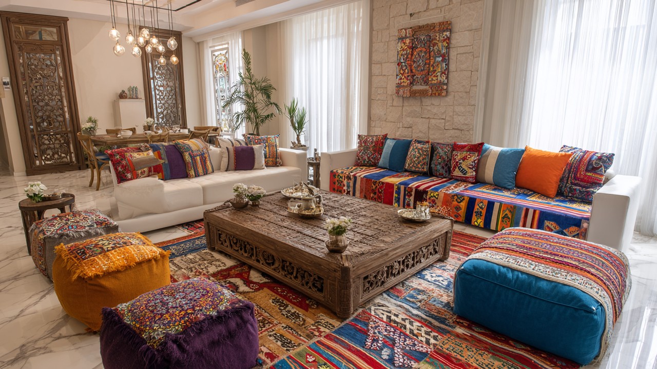 Modern living room with minimalist furniture, traditional Turkish handwoven rugs, carved wooden coffee table, and colorful cushions.