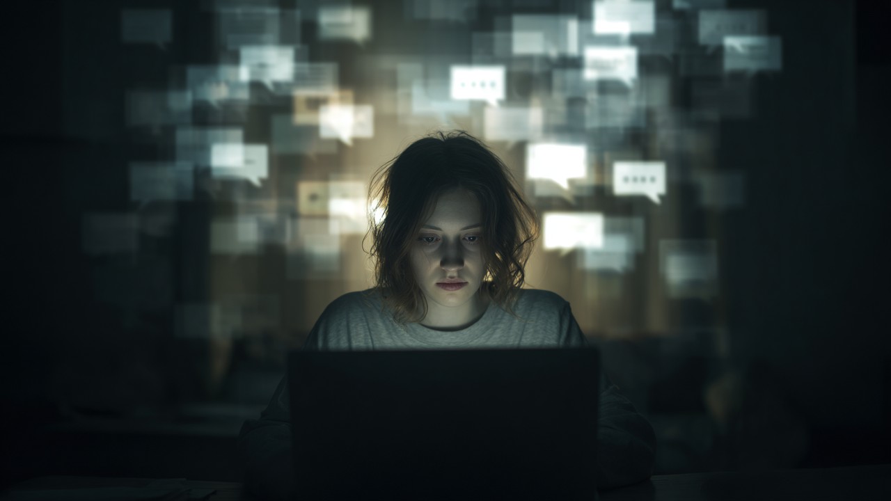 Woman surrounded by digital message bubbles with threatening content, illuminated by laptop glow, symbolizing online harassment.