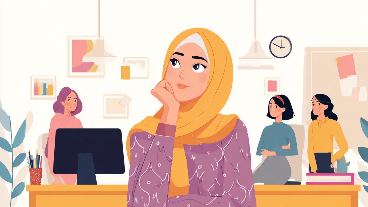 Turkish woman influencer receiving support from social media manager and mental health counselor in an office, highlighting resilience and teamwork.