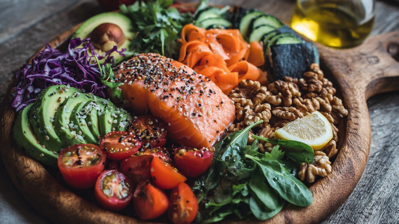 Colorful balanced meal with omega-3 rich salmon, walnuts, and fresh vegetables on wooden table promoting hormonal health.