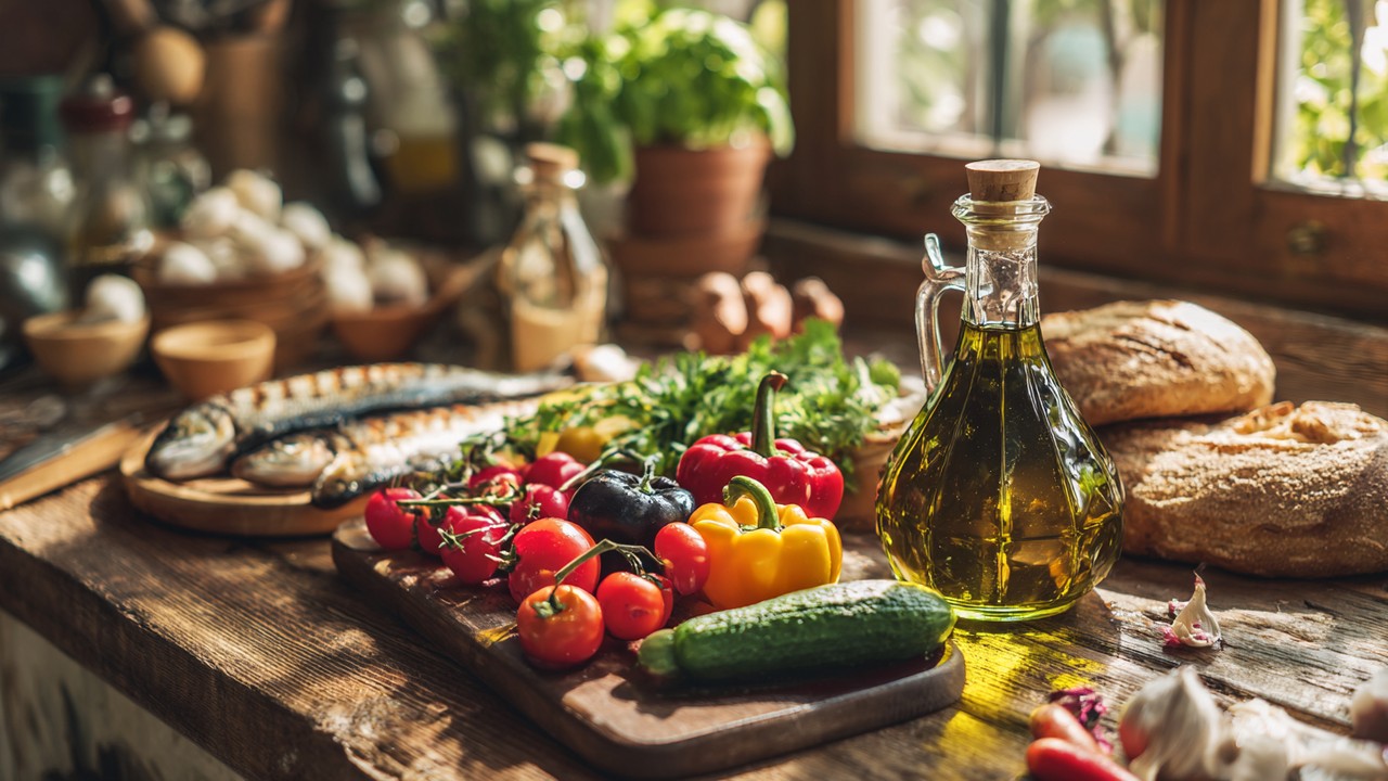 Vibrant Mediterranean kitchen with a wooden table featuring fresh Turkish-inspired ingredients like vegetables, olive oil, herbs, and grilled fish, in warm natural light.