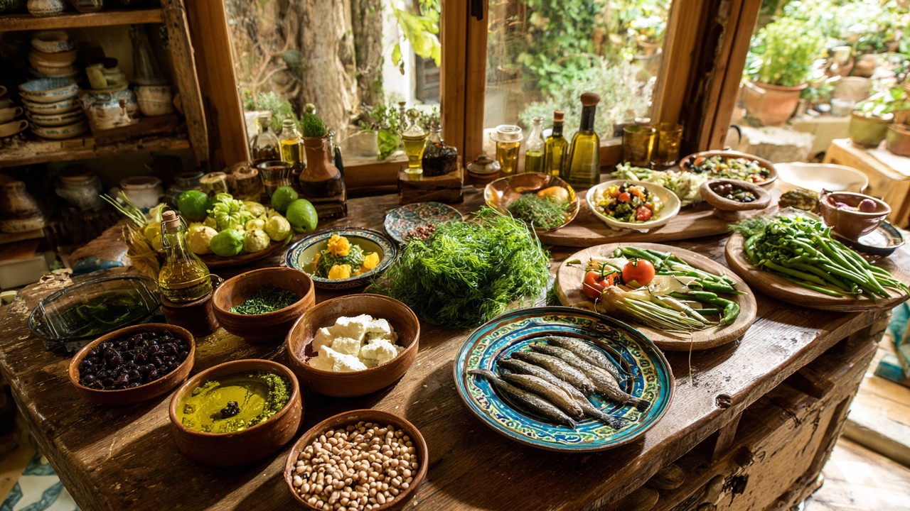 Vibrant Mediterranean kitchen scene with fresh vegetables, olive oil, fish, legumes, and traditional Turkish dishes on rustic wooden table.
