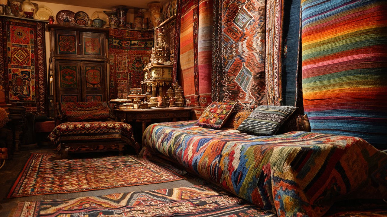 Vibrant Turkish textiles including kilims and rugs with intricate patterns and bold colors displayed in a cozy room setting.