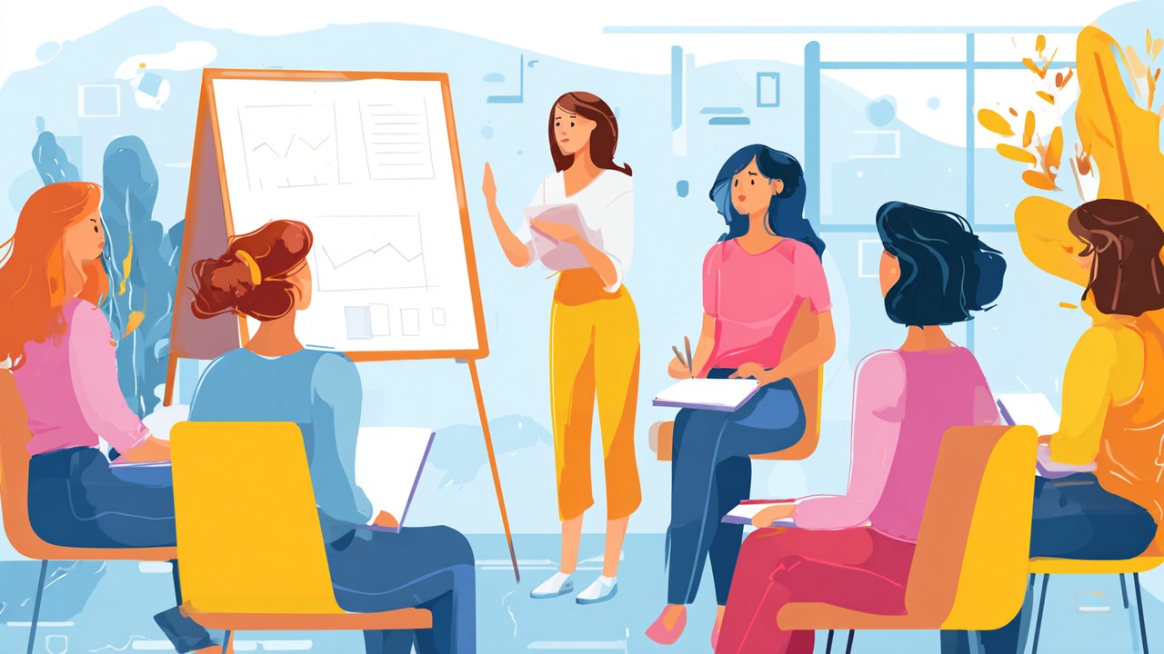 Female entrepreneurs attending a vibrant workshop with a mentor teaching business strategies on a whiteboard in a professional training session.