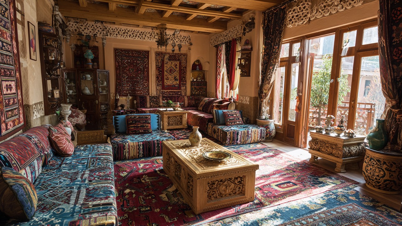 Traditional Turkish living room interior with ornate rugs, carved wooden furniture, colorful textiles, and decorative ceramics in natural light.