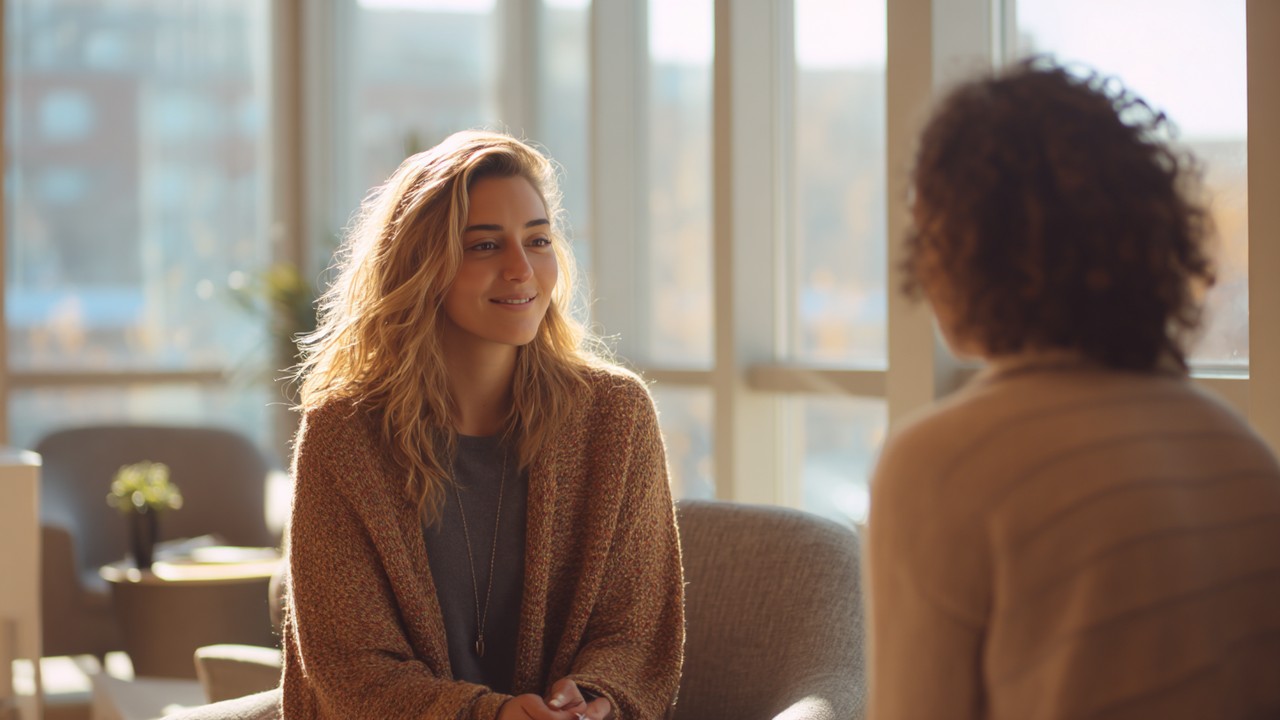 Warm therapy office scene with female psychologist attentively listening to a Turkish woman client, natural light, conveying trust and support.