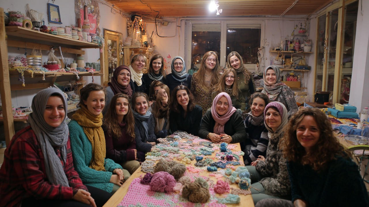 Diverse Turkish women smiling and collaborating on handicraft projects in a cozy community workshop, showcasing social bonding and creative expression.