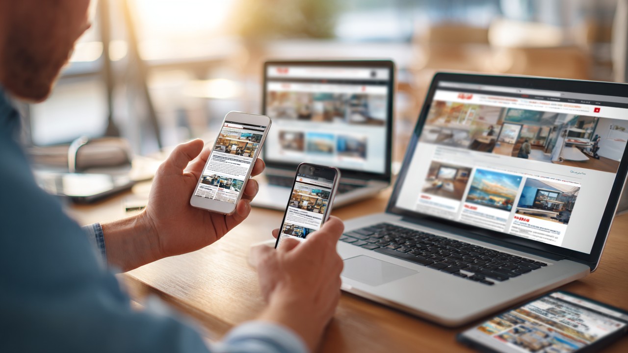 Web developer testing blog responsiveness on smartphone, tablet, and laptop in modern workspace, emphasizing mobile compatibility.