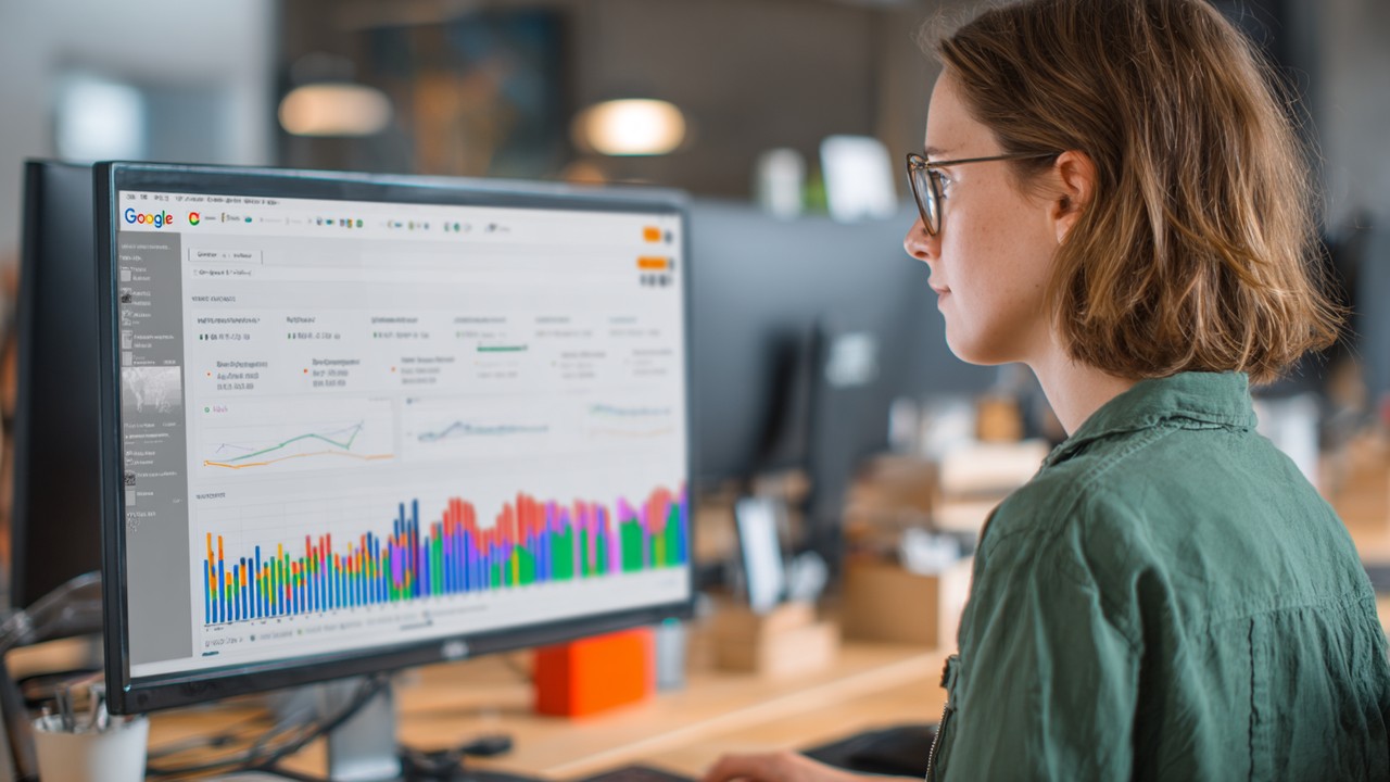 Woman configuring SEO plugin settings on computer, with graphs and toggles, focused on optimizing blog SEO tools.