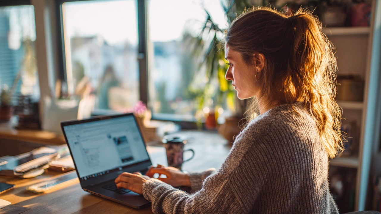Young woman setting up a blog on WordPress dashboard at a modern home office desk with natural light and coffee.