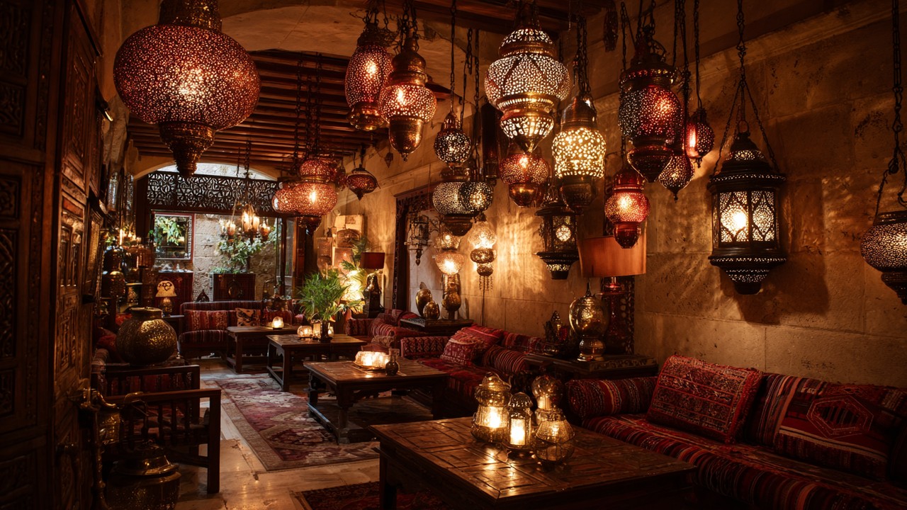 Interior with traditional Turkish lighting fixtures, copper chandeliers, lanterns, and oil lamps casting warm, cozy light over wooden furniture and textiles.