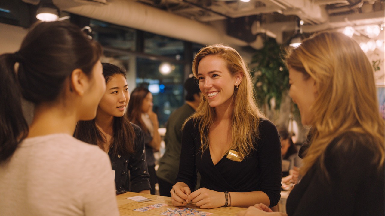 Female entrepreneurs networking and exchanging business cards in a modern co-working space during an informal event, fostering mentorship and collaboration.