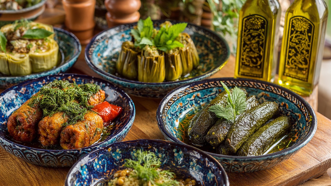 Close-up of a traditional Turkish table with colorful olive oil-based vegetable dishes like stuffed peppers, zucchini fritters, and artichokes with lemon and herbs in ceramic bowls.