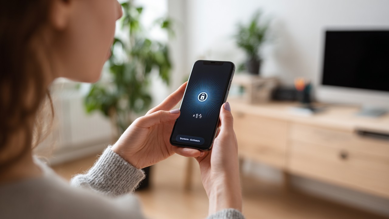 Close-up of woman's hands holding a smartphone displaying a two-factor authentication code in a bright home office, emphasizing digital security.