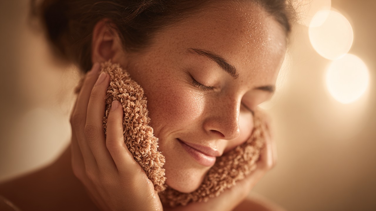 Close-up of a person enjoying a gentle exfoliation with natural textured mitts in a warm, steamy environment for skin care and relaxation.