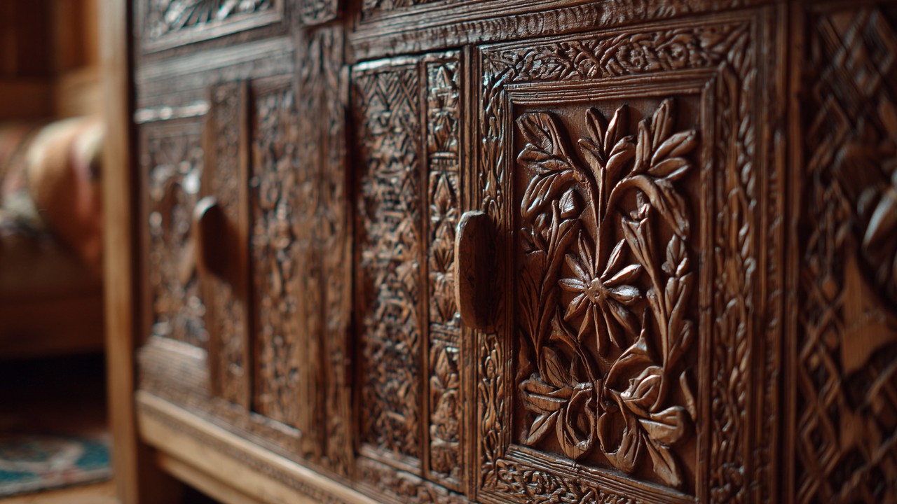 Close-up of a hand-carved Turkish wooden cabinet with floral and geometric motifs, showcasing craftsmanship and natural wood textures.