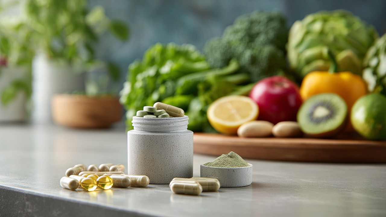 Beyaz mutfak tezgahında doğal takviye ürünleri, omega-3 kapsülleri, magnezyum tabletleri ve bitkisel adaptogen tozları, taze meyve ve sebzelerle düzenli ve sağlıklı yaşamı simgeliyor.